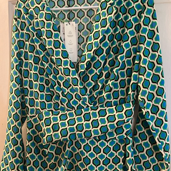 Zara Teal, Turquoise and White Geometric Long-Sleeve Wrap Dress - Picture 2 of 3